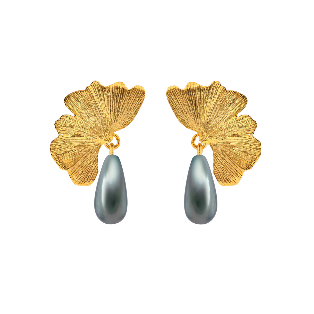 Siyah İncili Ginkgo Küpe