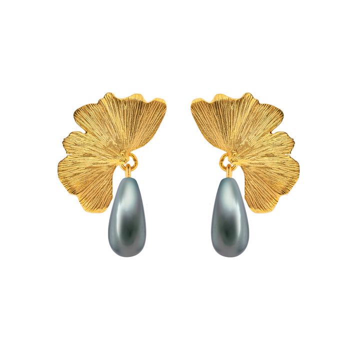 Siyah İncili Ginkgo Küpe