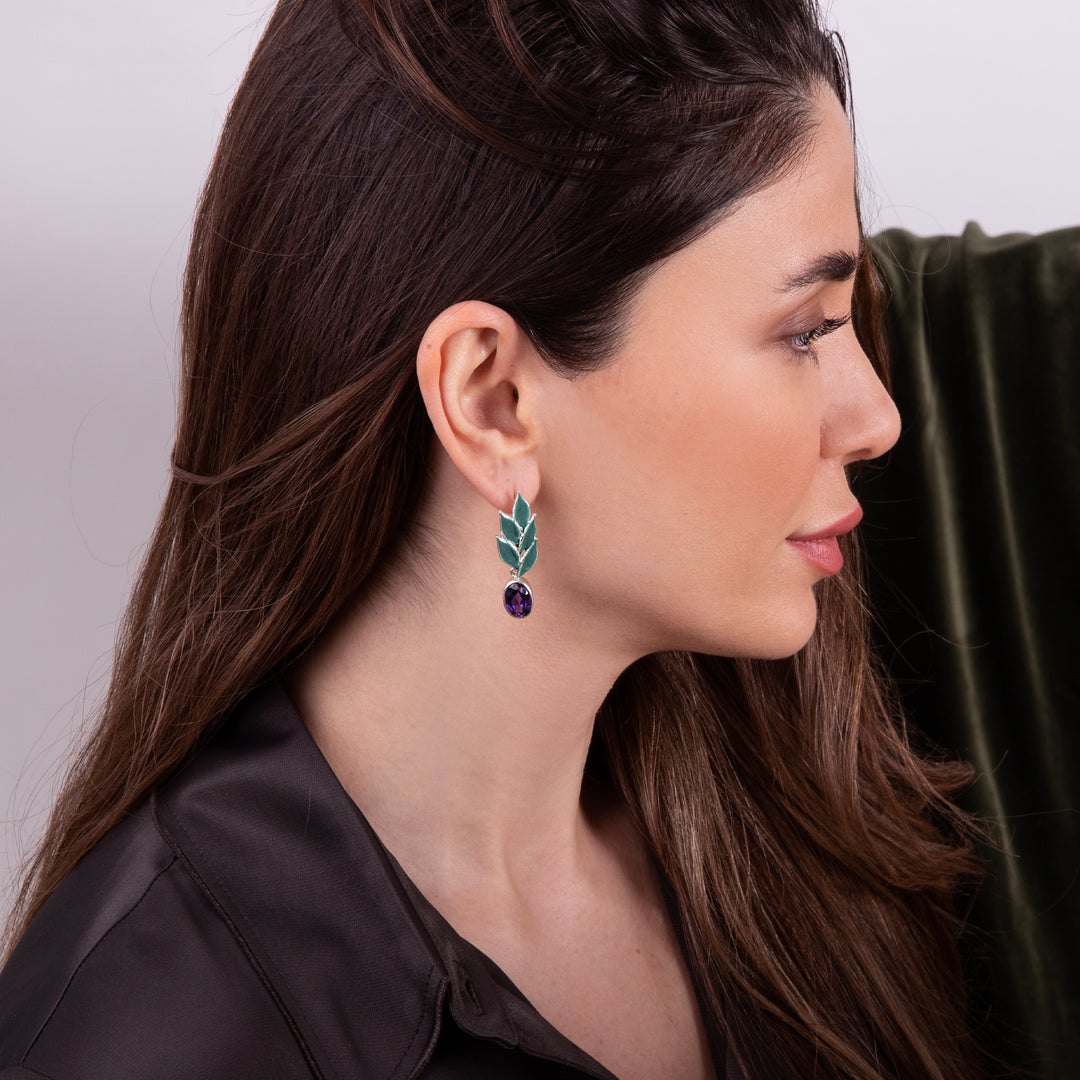 Ametist Taşlı Zeytin Yaprakları Küpe